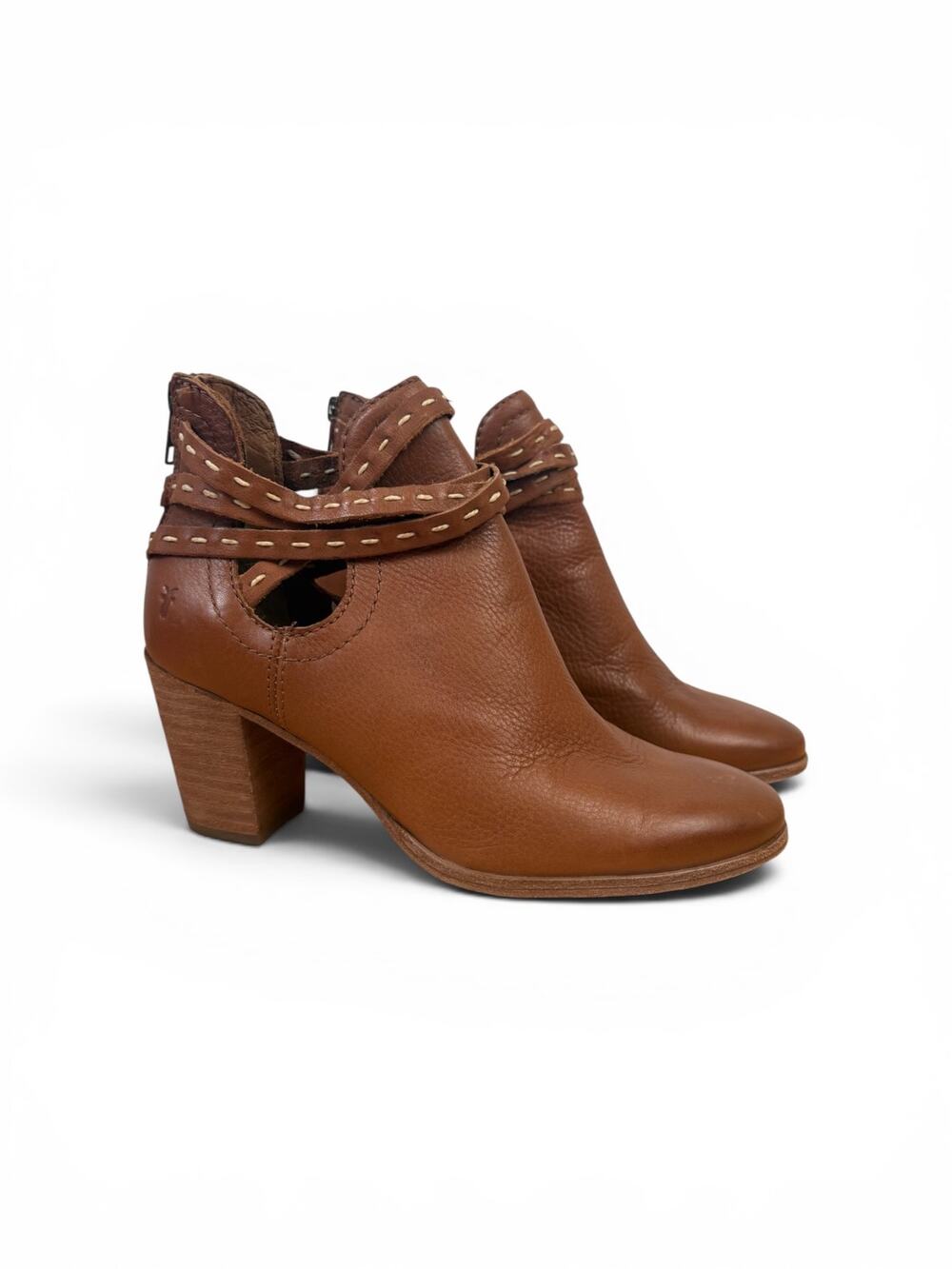 Frye Naomi Pickstitch Brown Leather Heeled Ankle Bootie Americana Cutout Sz 6.5